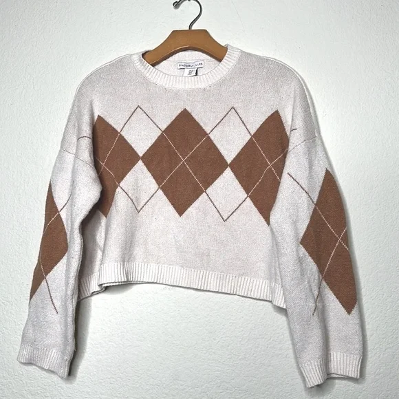 Sincerely Jules Argyle Crop Sweater Beige Academia Preppy Collegiate Rugby Small - Picture 4 of 6
